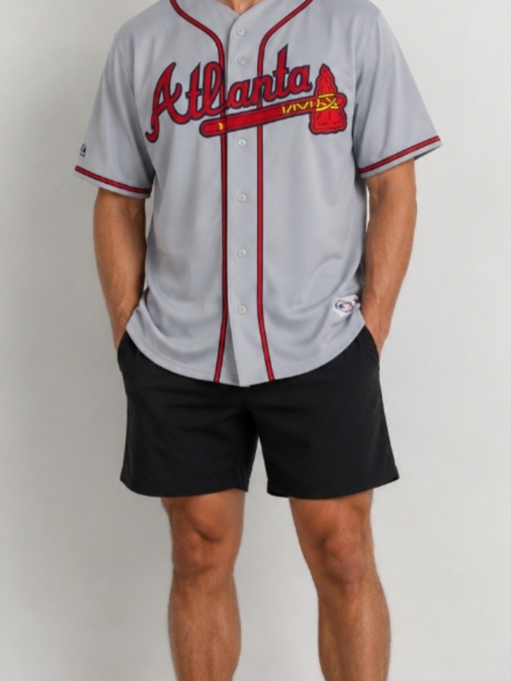 Atlanta Men's Grey Baseball Jersey with Red Trim and Script